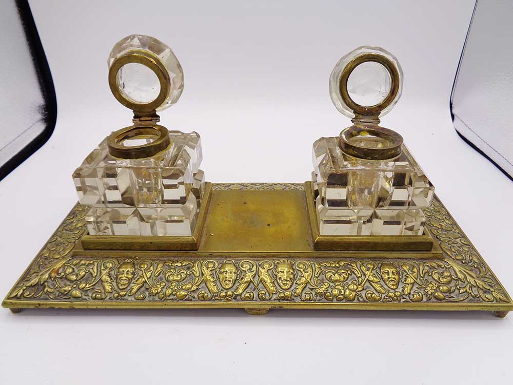 Large Ornate Victorian Brass and Carved Glass Ink Desk Standish - Image 2
