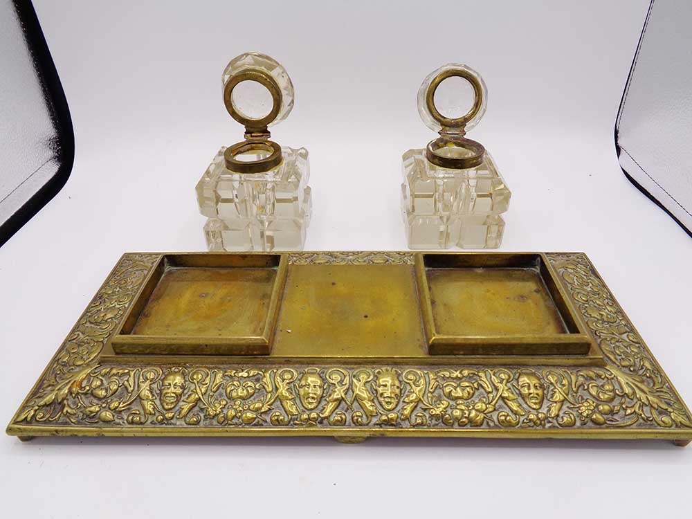 Large Ornate Victorian Brass and Carved Glass Ink Desk Standish - Image 3