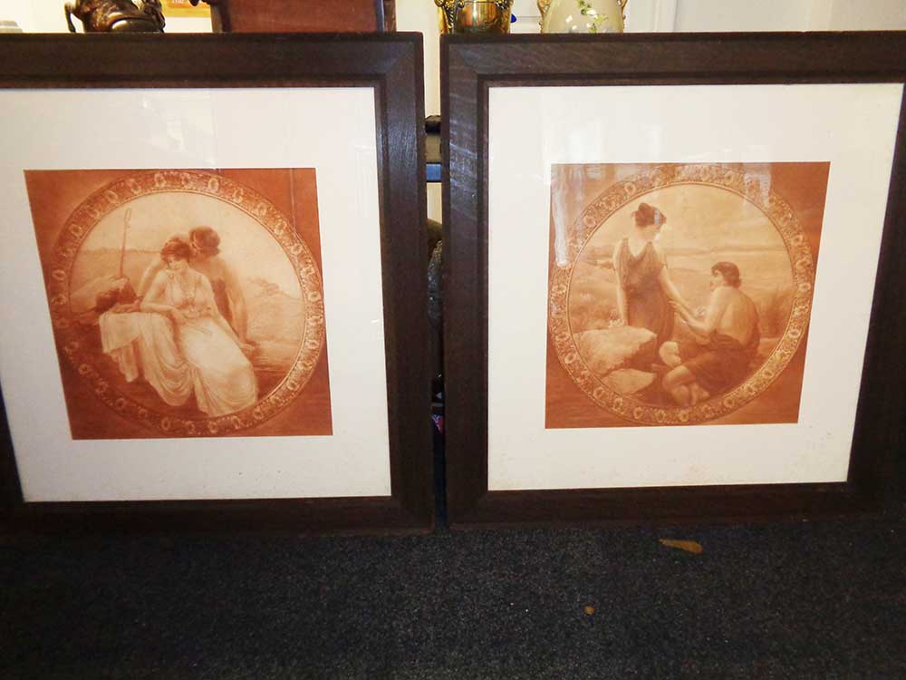 Large Antique Pair Of Pre-Raphaelite Prints In Victorian Oak Frames