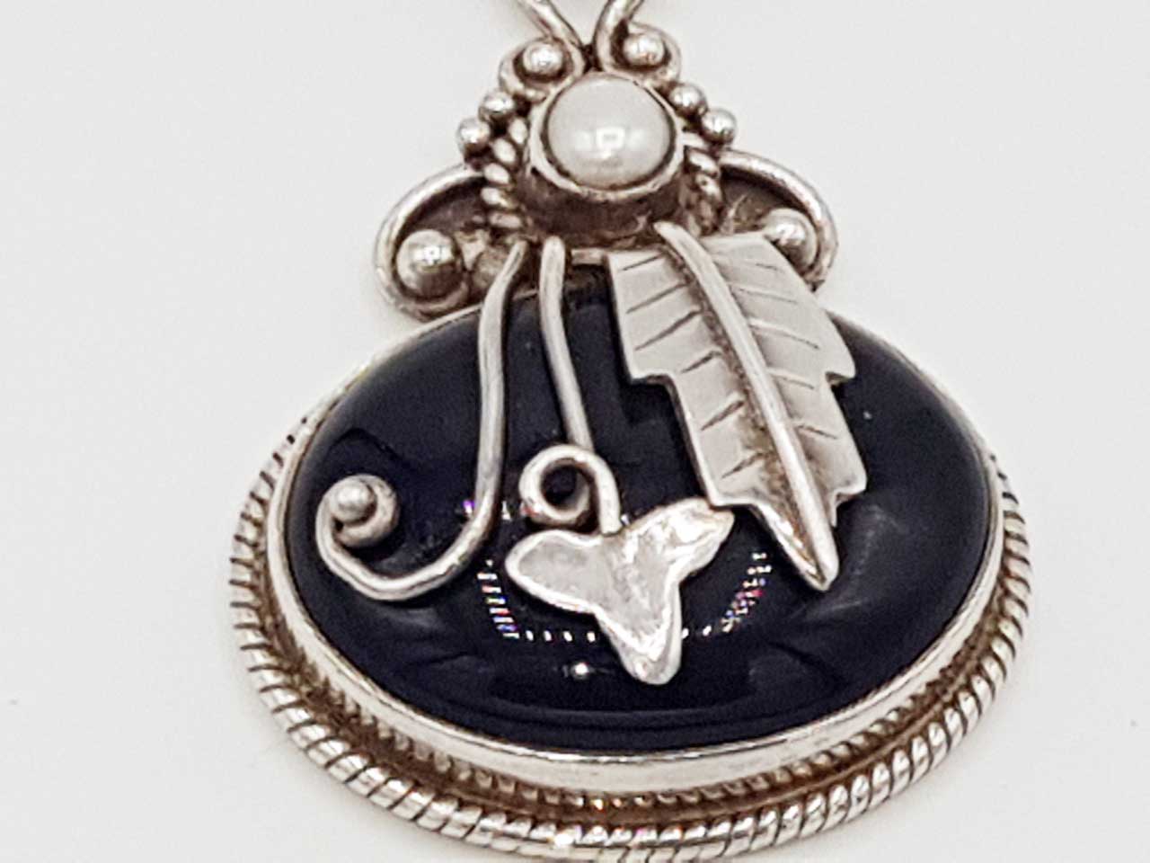 Sterling Silver Onyx & Pearl Vintage Brooch