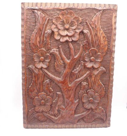Vintage Carved Wooden Rectangular Panel Decorated with Flowers