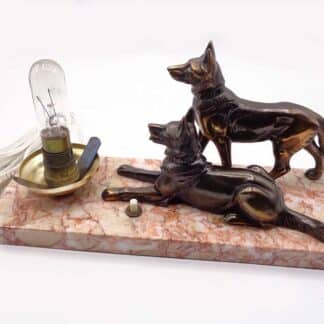 Art Deco Lamp On Marble Plinth With Two Bronzed German Shepherds
