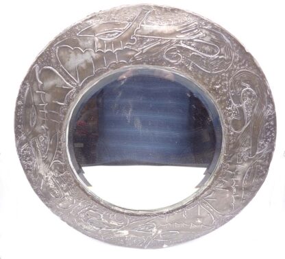 Arts & Crafts Circular Bevelled Mirror Worked In A White Metal Frame