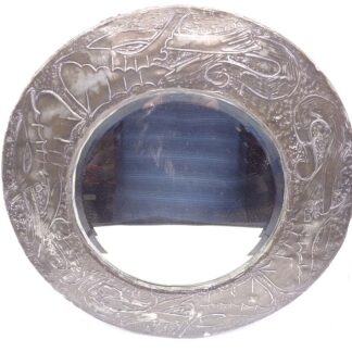Arts & Crafts Circular Bevelled Mirror Worked In A White Metal Frame
