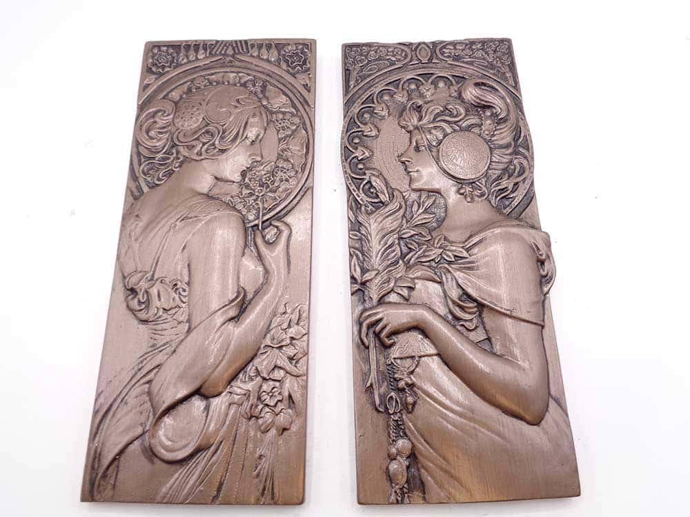 Pair Plaster Bronzed Art Nouveau Style Wall Plaques