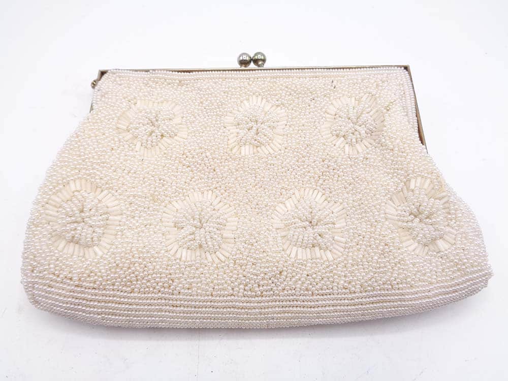 Vintage White Iridescent beads Purse With Satin Lining - Image 2
