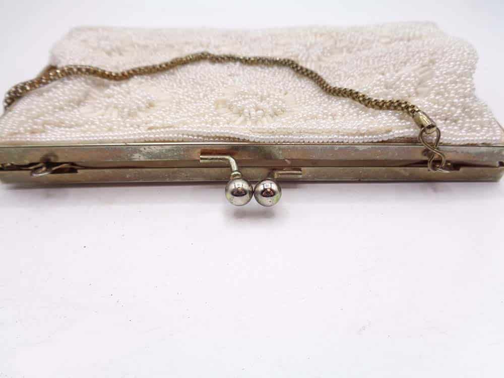 Vintage White Iridescent beads Purse With Satin Lining - Image 3
