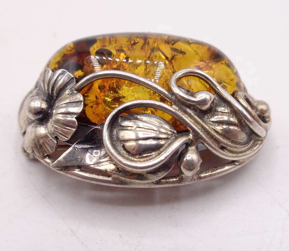 Victorian Art Nouveau 925 Silver Amber Brooch - Image 2