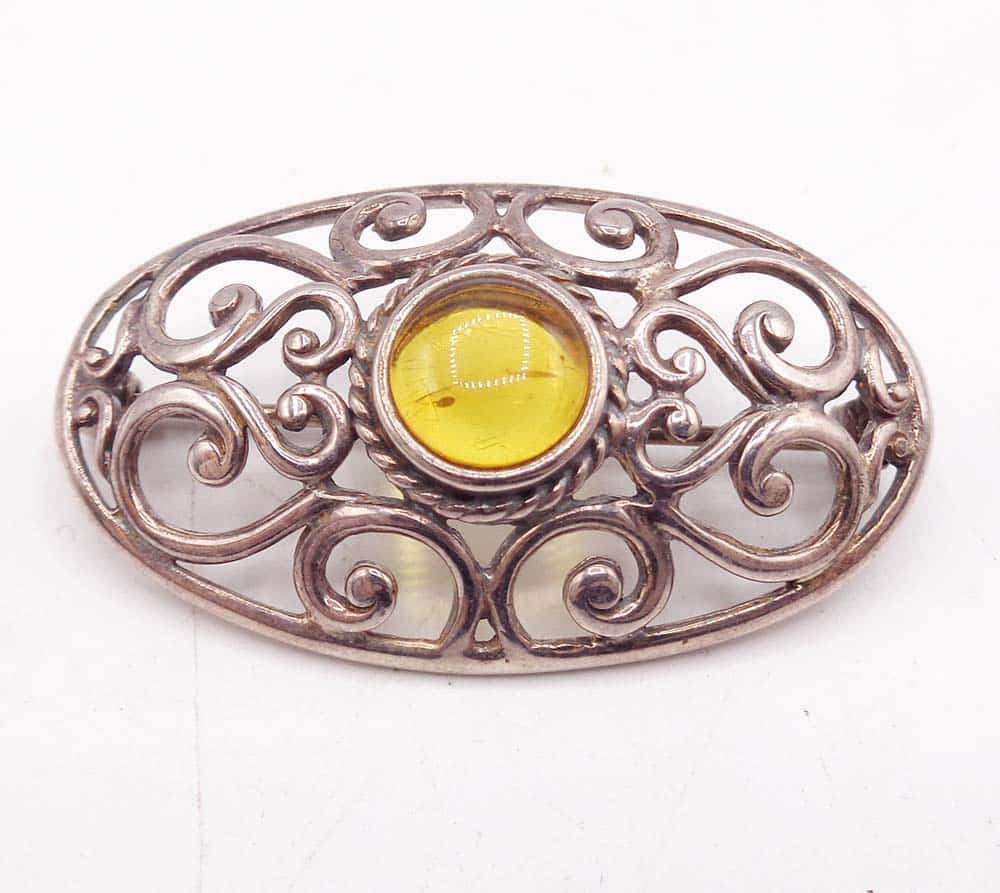Victorian Sterling Silver Lattice Central Amber Brooch