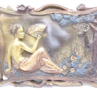 1950's Plaque Depicting Seated Girl with Fan and Stag in Trees