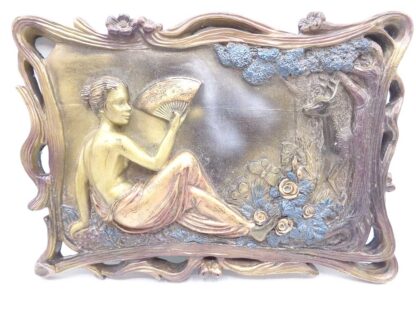 1950's Plaque Depicting Seated Girl with Fan and Stag in Trees