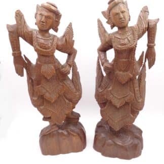 A Pair Of Tibetan Style Hand-Carved Wooden Figurine Dancers