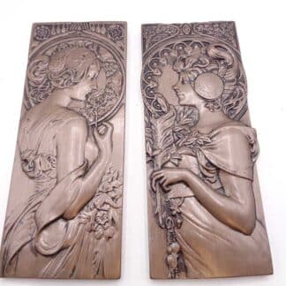 Pair Plaster Bronzed Art Nouveau Style Wall Plaques