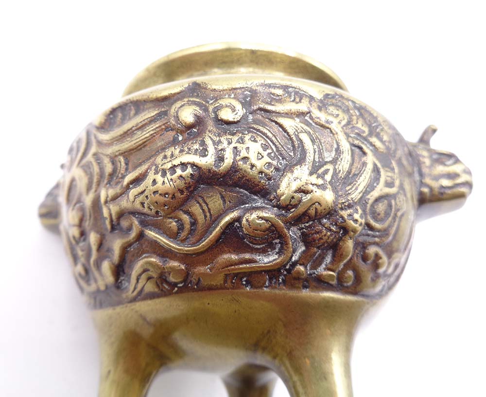 Tall Antique Chinese Bronze Tripod Censer Dragon Design - Image 4