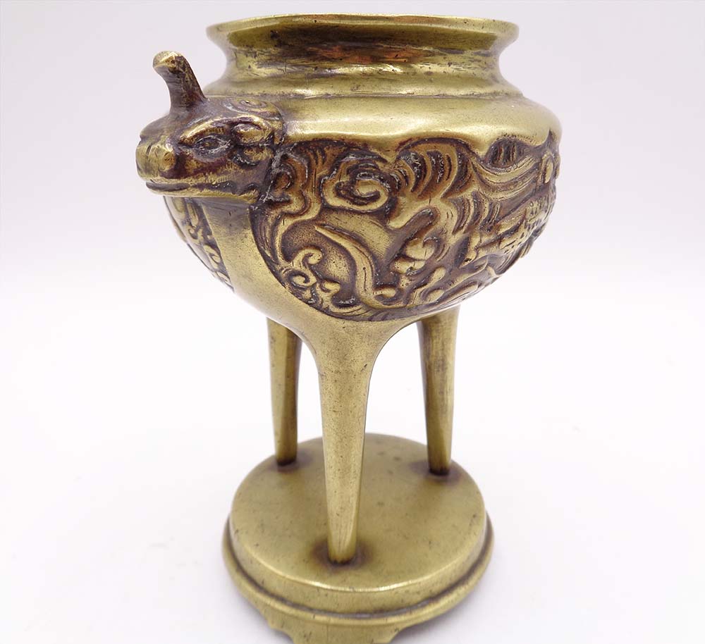 Tall Antique Chinese Bronze Tripod Censer Dragon Design - Image 3