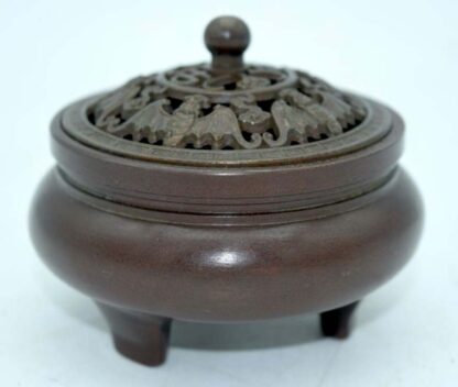 Antique Chinese Bronze Tripod Censer With Bronze Bat Carved Lid