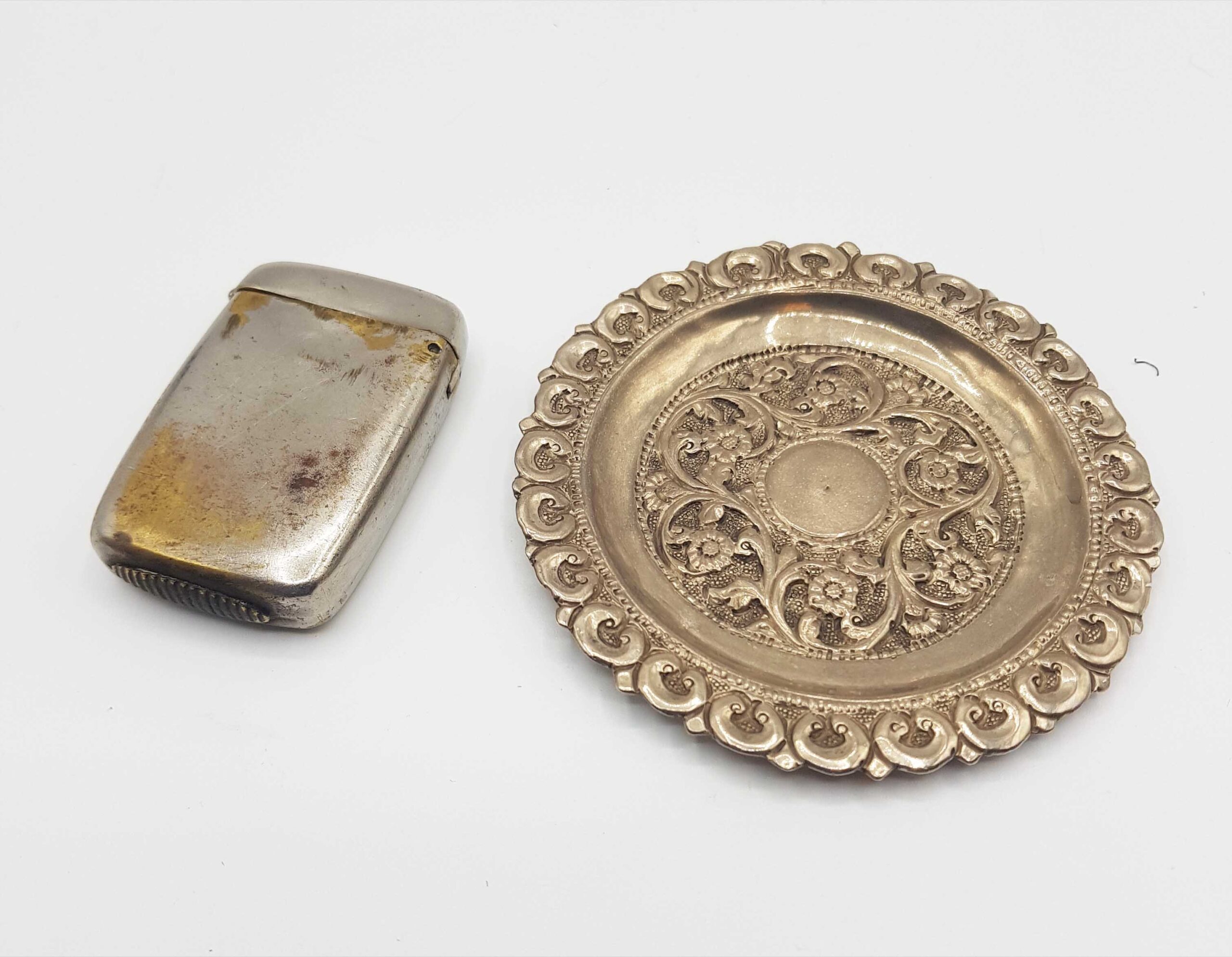 Antique Continental Solid Silver (.800) Ornate Dish & White Metal Vesta
