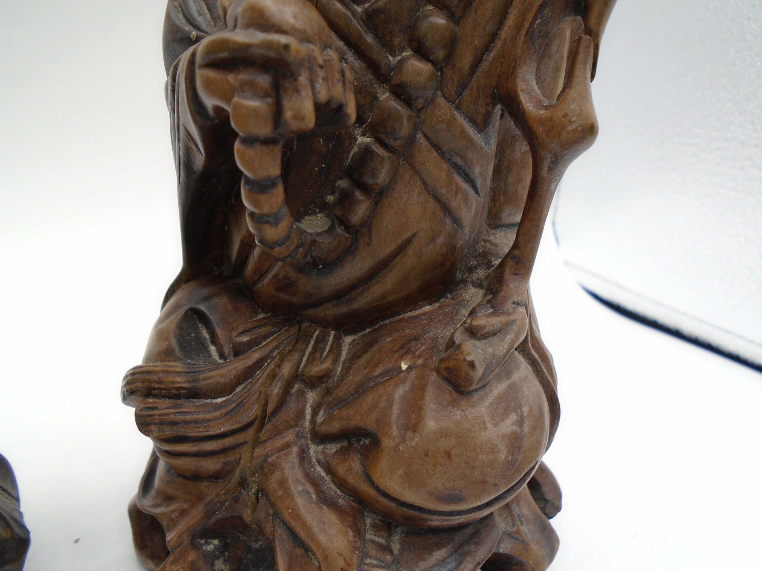 Two Antique Wood Carved Chinese Monks With Bone Eyes & Teeth - Image 3