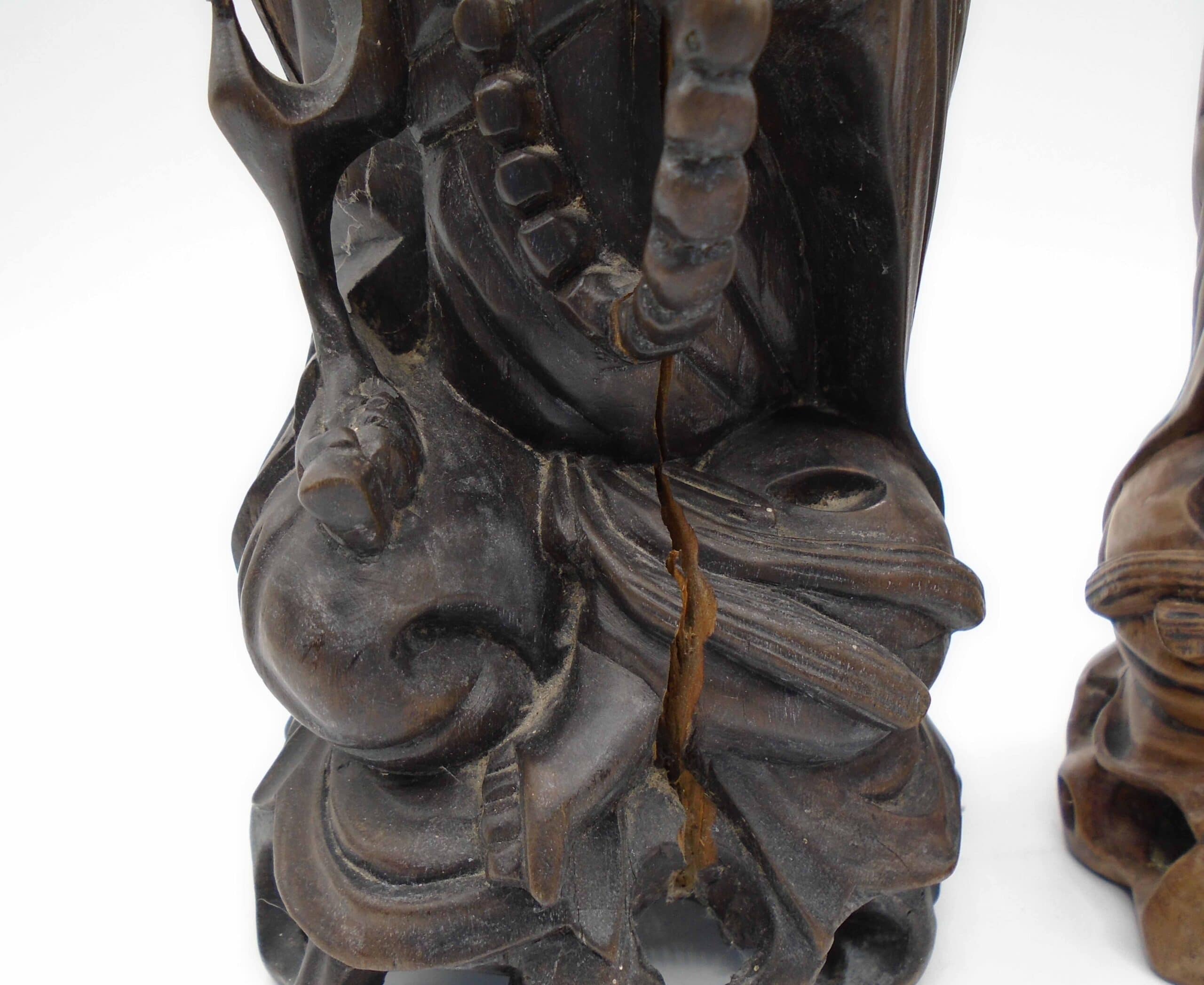 Two Antique Wood Carved Chinese Monks With Bone Eyes & Teeth - Image 5