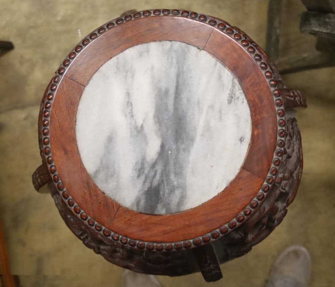 c1880 Tall Hardwood Chinese Jardiniere With Intricate Carving & Marble Top - Image 3