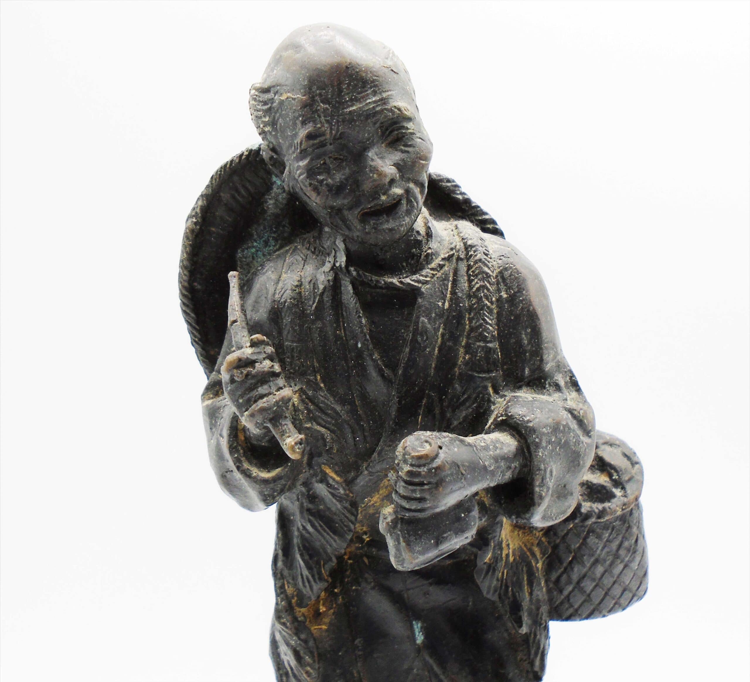Antique Finely Carved Brass Black Stone Finish Chinese Statue - Image 2