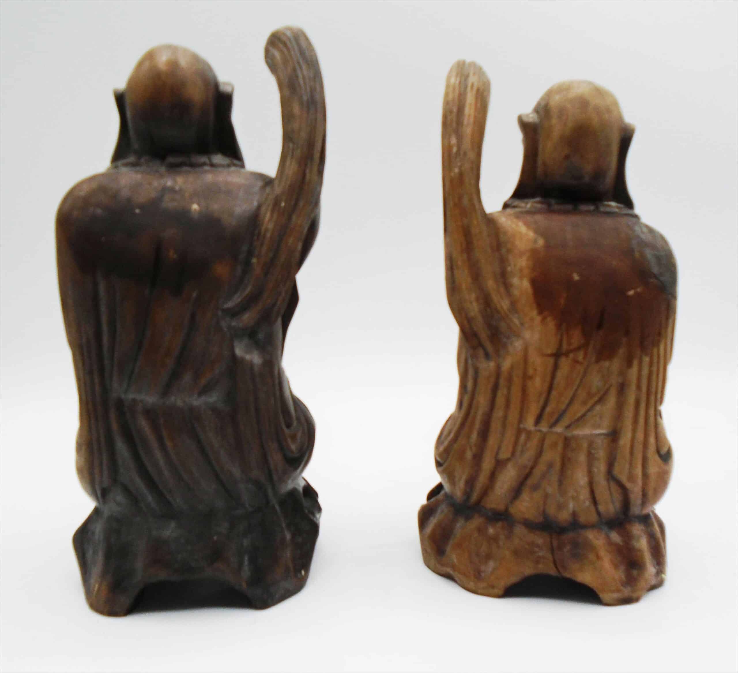Two Antique Wood Carved Chinese Monks With Bone Eyes & Teeth - Image 6