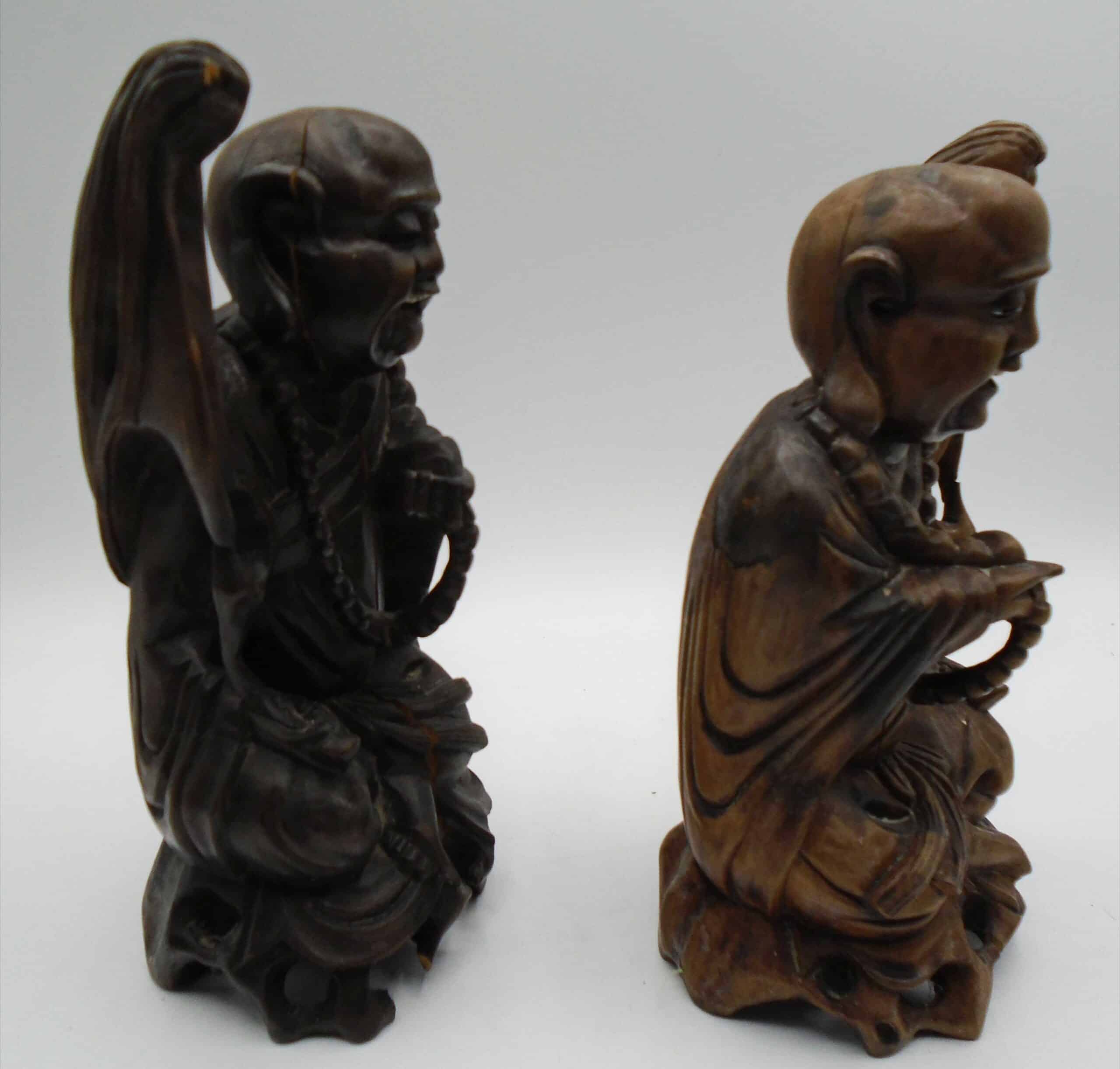 Two Antique Wood Carved Chinese Monks With Bone Eyes & Teeth - Image 7