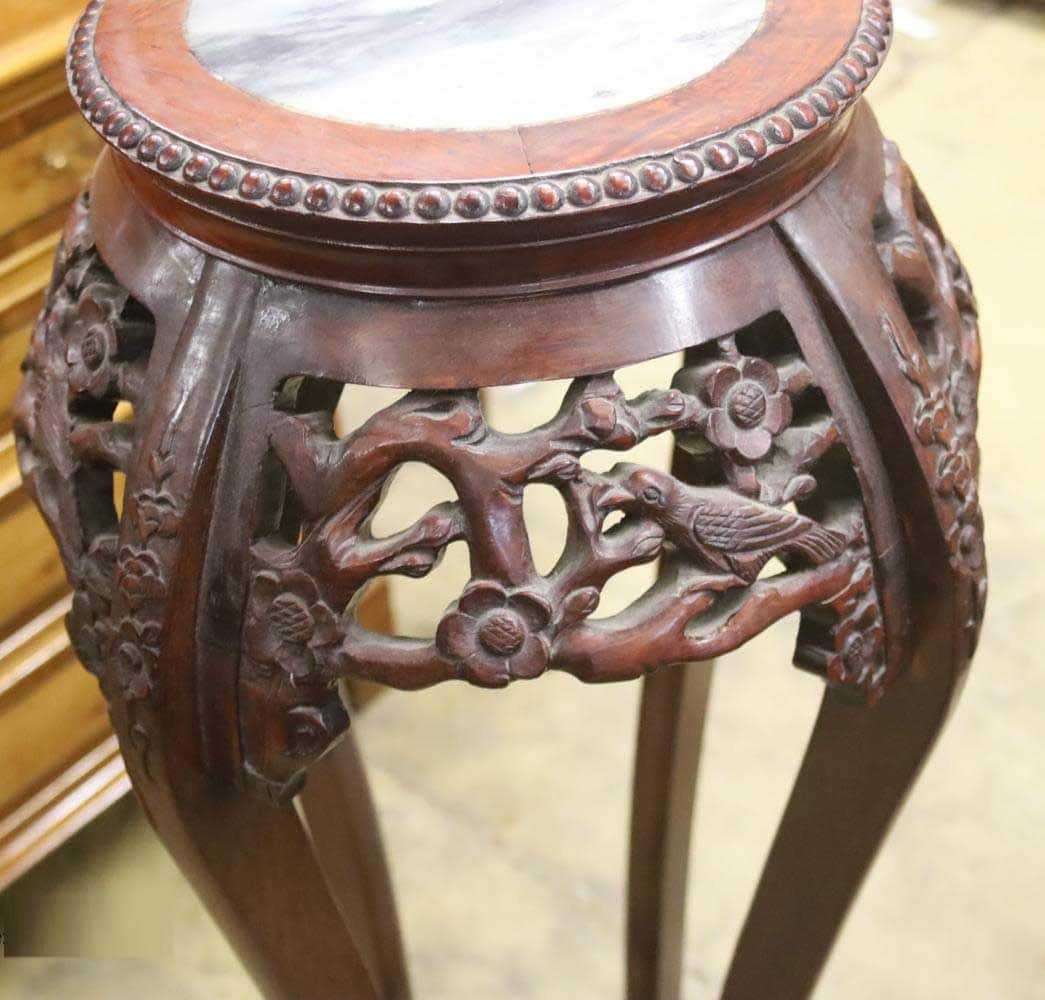 c1880 Tall Hardwood Chinese Jardiniere With Intricate Carving & Marble Top - Image 2