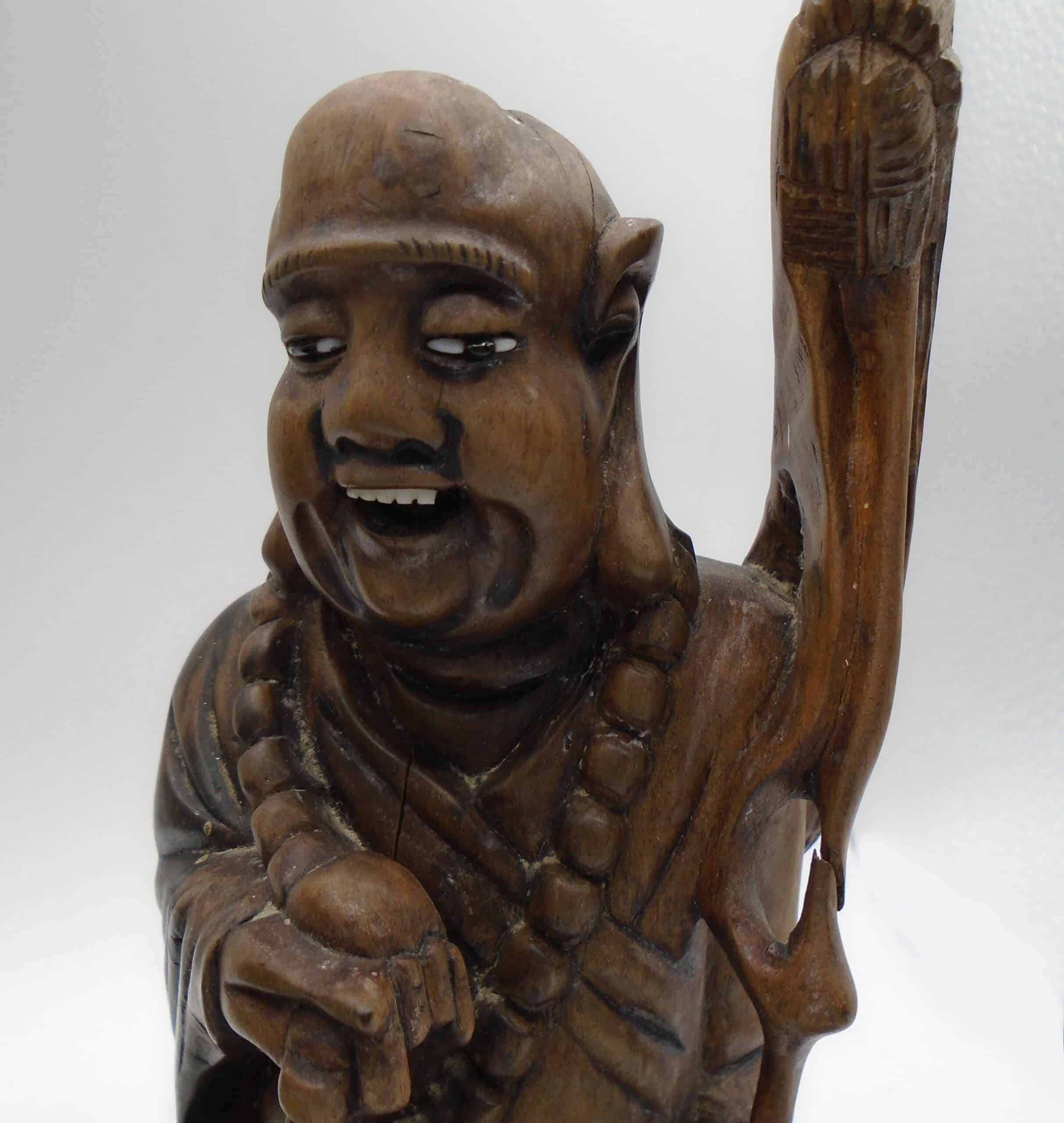 Two Antique Wood Carved Chinese Monks With Bone Eyes & Teeth - Image 2