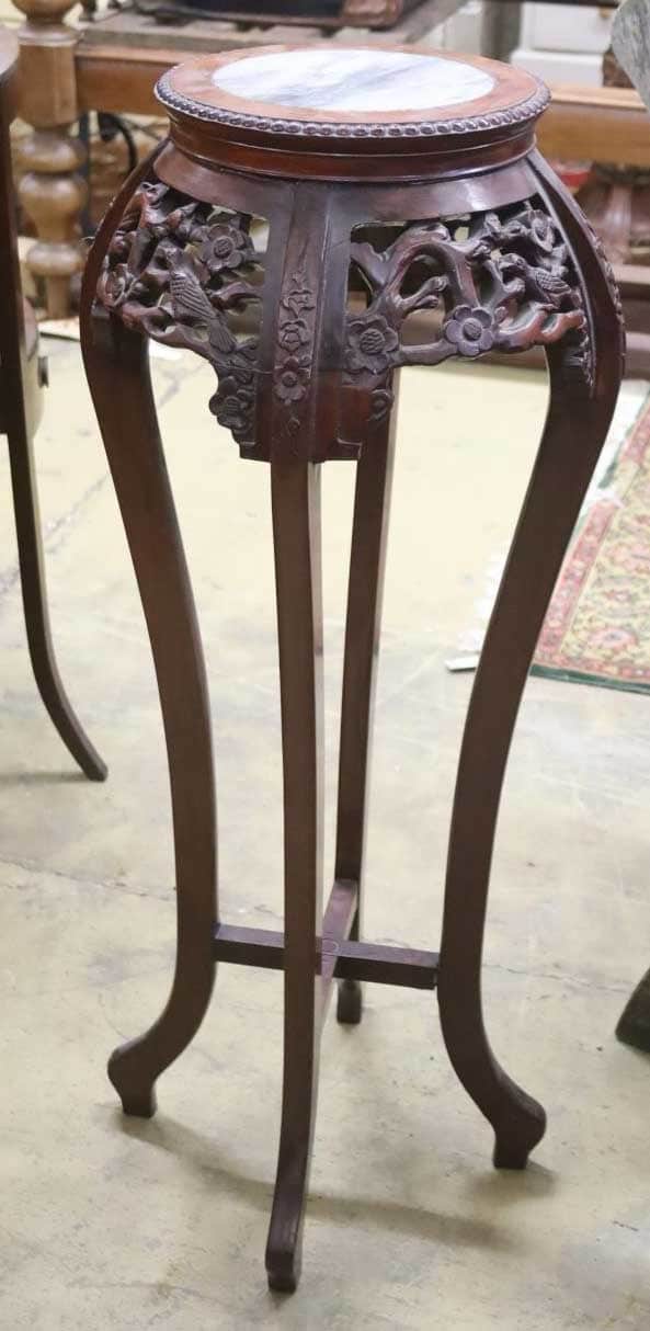 c1880 Tall Hardwood Chinese Jardiniere With Intricate Carving & Marble Top