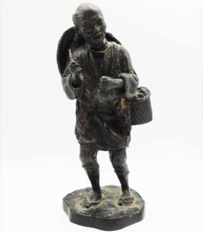 Antique Finely Carved Brass Black Stone Finish Chinese Statue