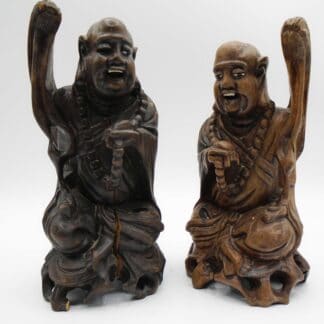 Two Antique Wood Carved Chinese Monks With Bone Eyes & Teeth