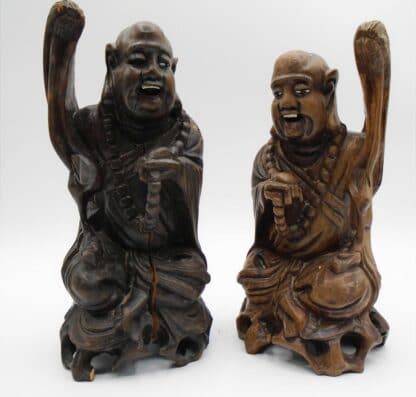 Two Antique Wood Carved Chinese Monks With Bone Eyes & Teeth