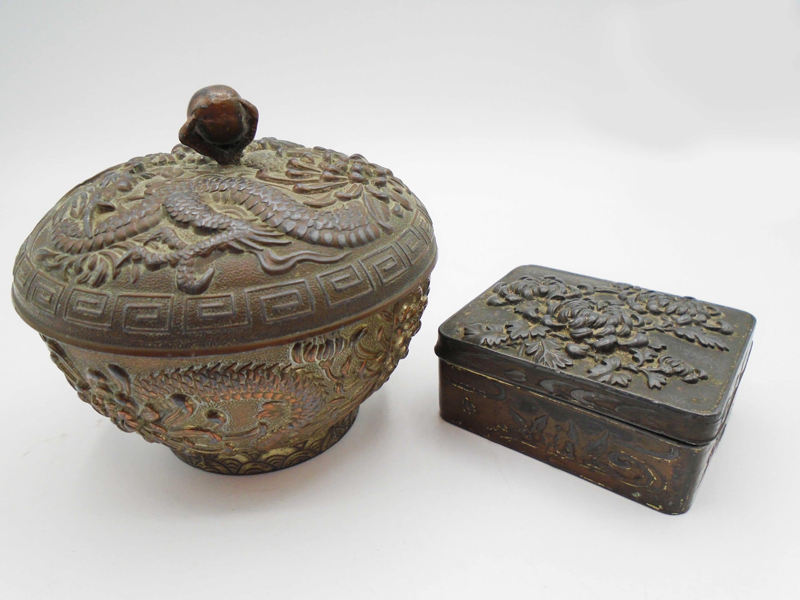 Two Antique Oriental Metal Boxes Decorated In Relief With Dragons