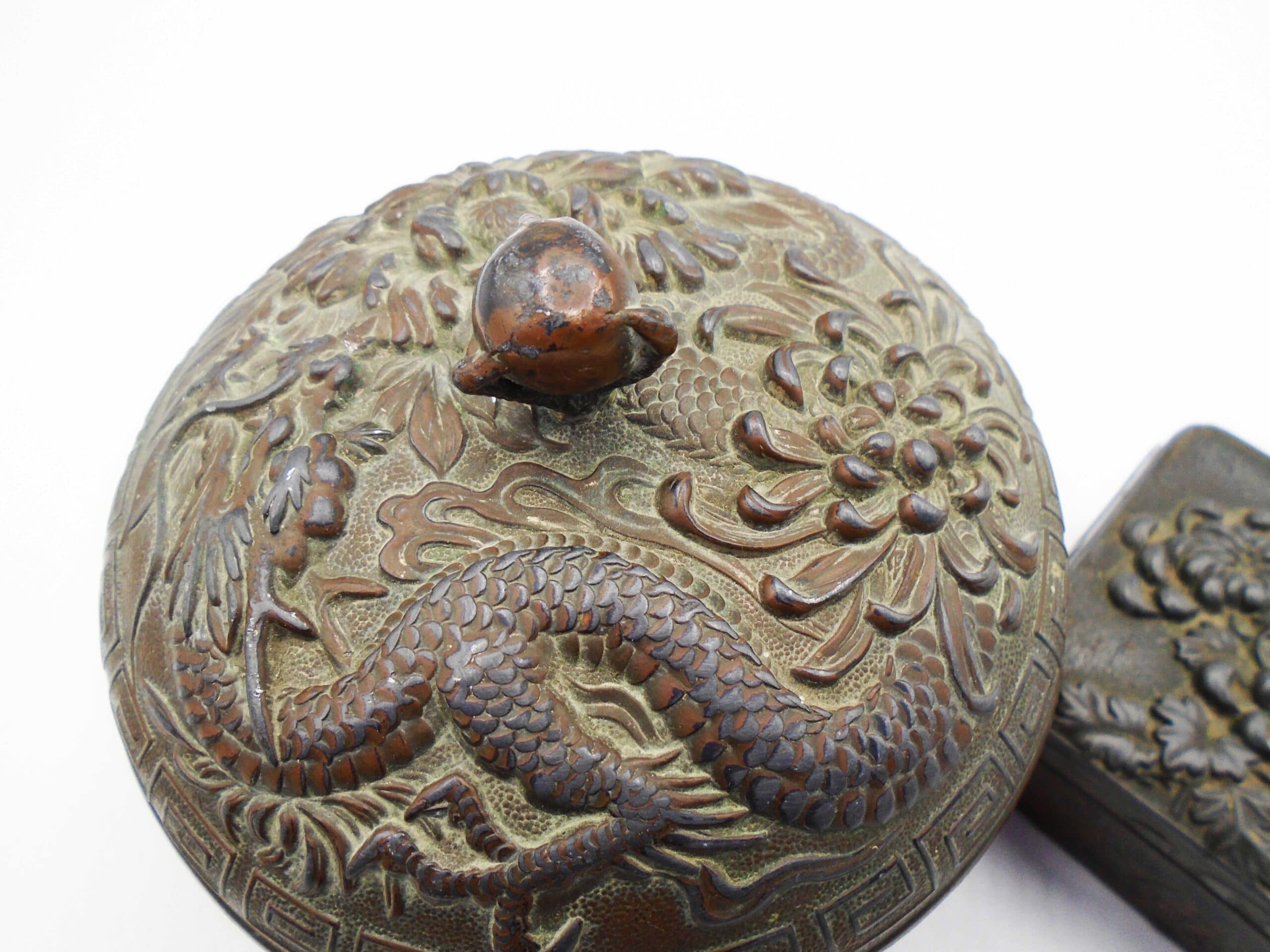 Two Antique Oriental Metal Boxes Decorated In Relief With Dragons - Image 2