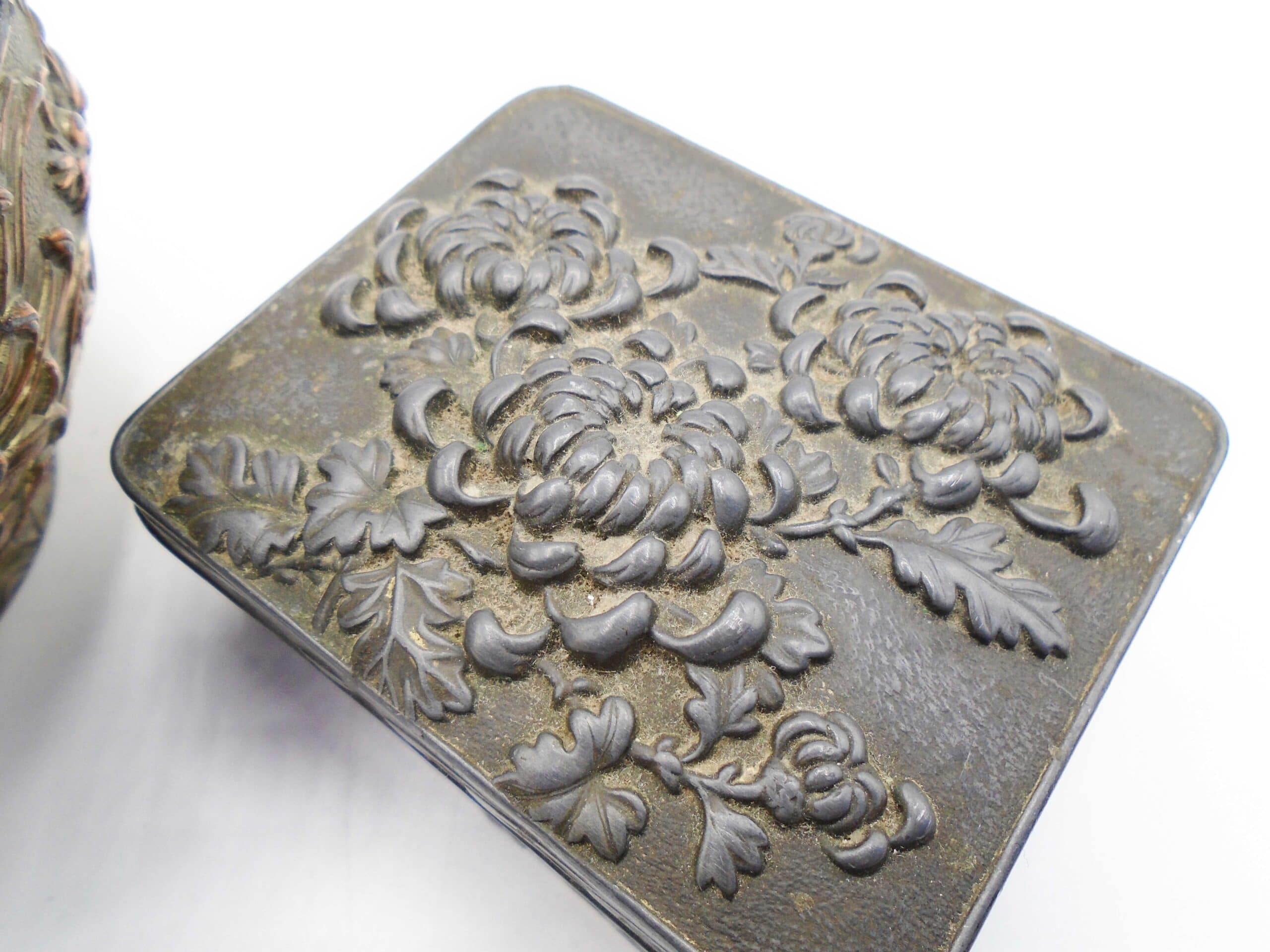 Two Antique Oriental Metal Boxes Decorated In Relief With Dragons - Image 3