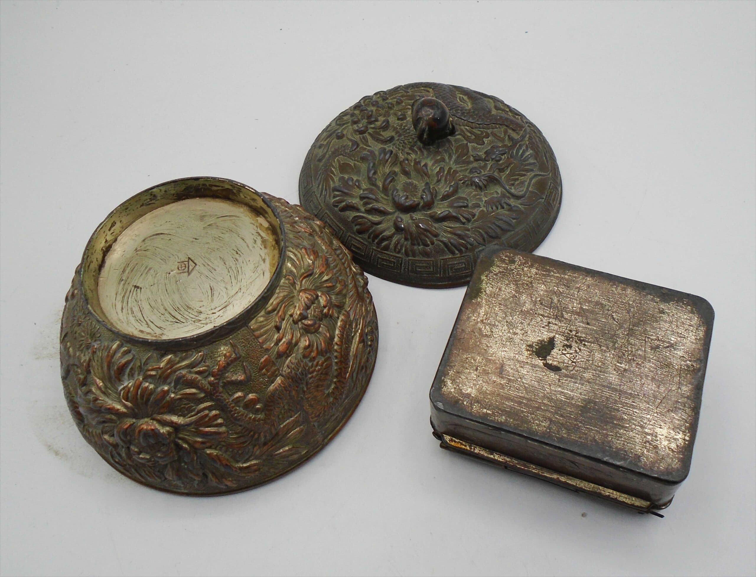 Two Antique Oriental Metal Boxes Decorated In Relief With Dragons - Image 5