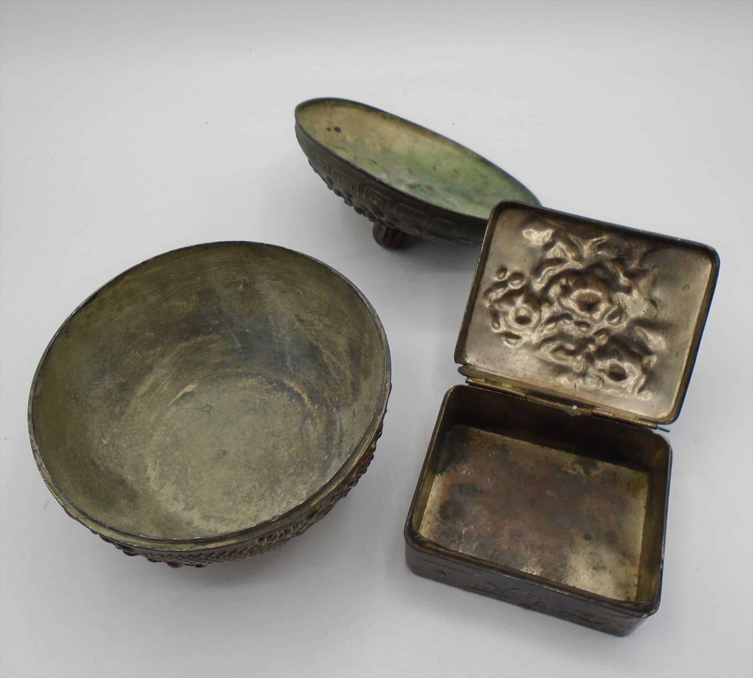 Two Antique Oriental Metal Boxes Decorated In Relief With Dragons - Image 4