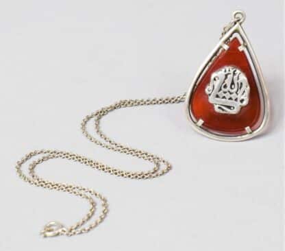Islamic Silver and Carnelian Arabic Pendant With Silver Chain
