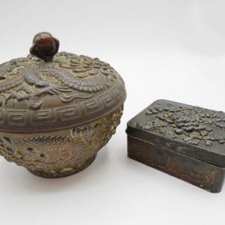Two Antique Oriental Metal Boxes Decorated In Relief With Dragons