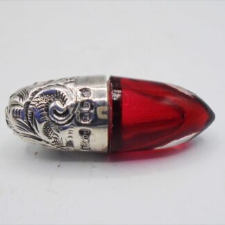 1890s Victorian Ruby Red Glass Scent Bottle With Silver Repousse Lid