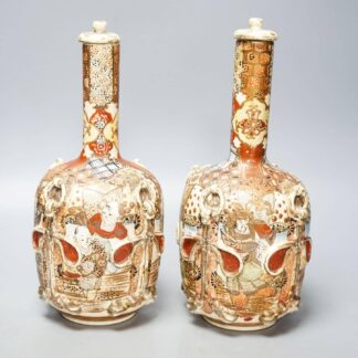 Antique Japanese Meiji Satsuma Relief Lidded Bottle Vases