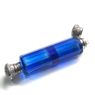 Victorian Silver Lidded Faceted Blue Glass Double Scent Bottle