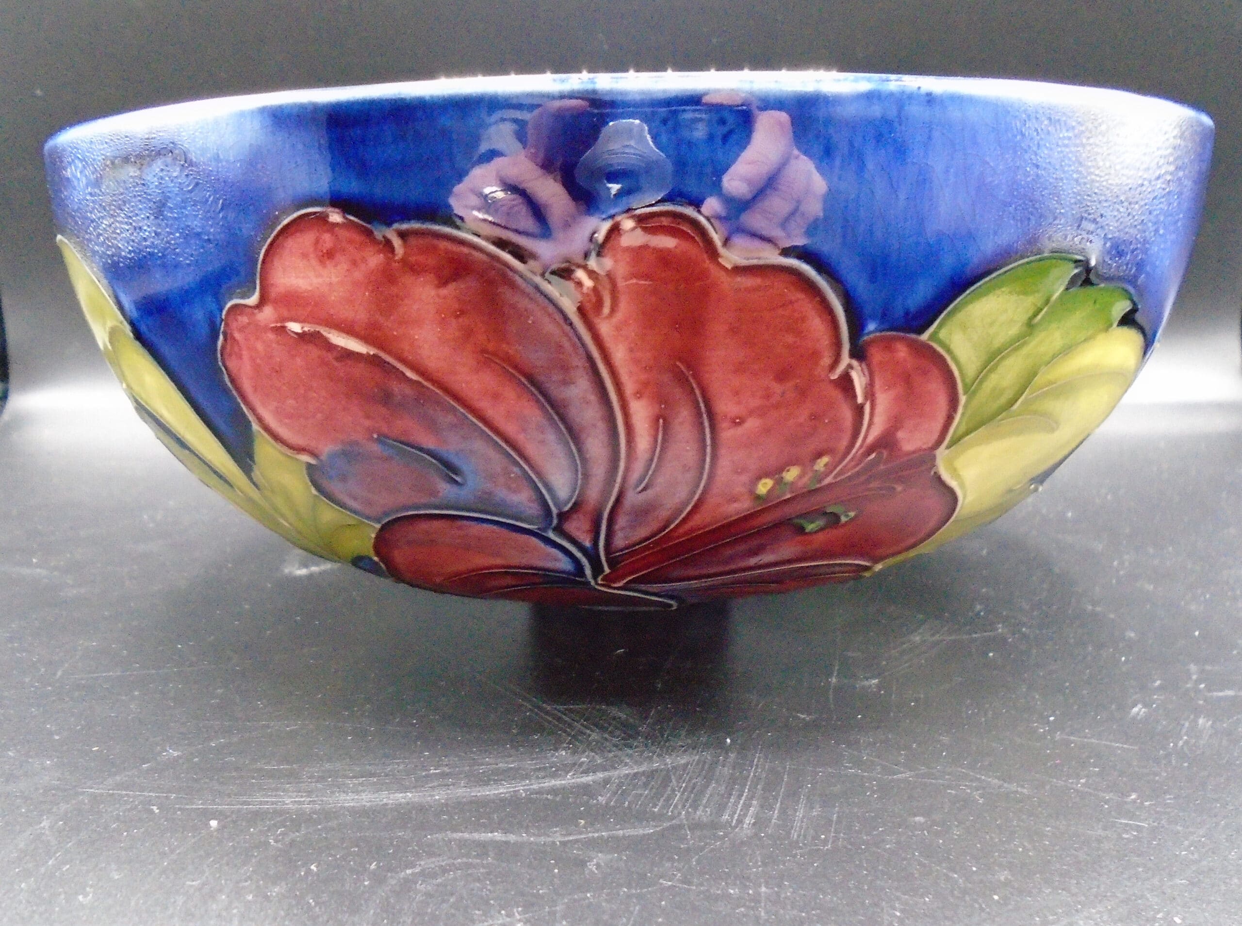 Large Deep Moorcroft Hibiscus Blue Bowl On Small Foot - Image 2