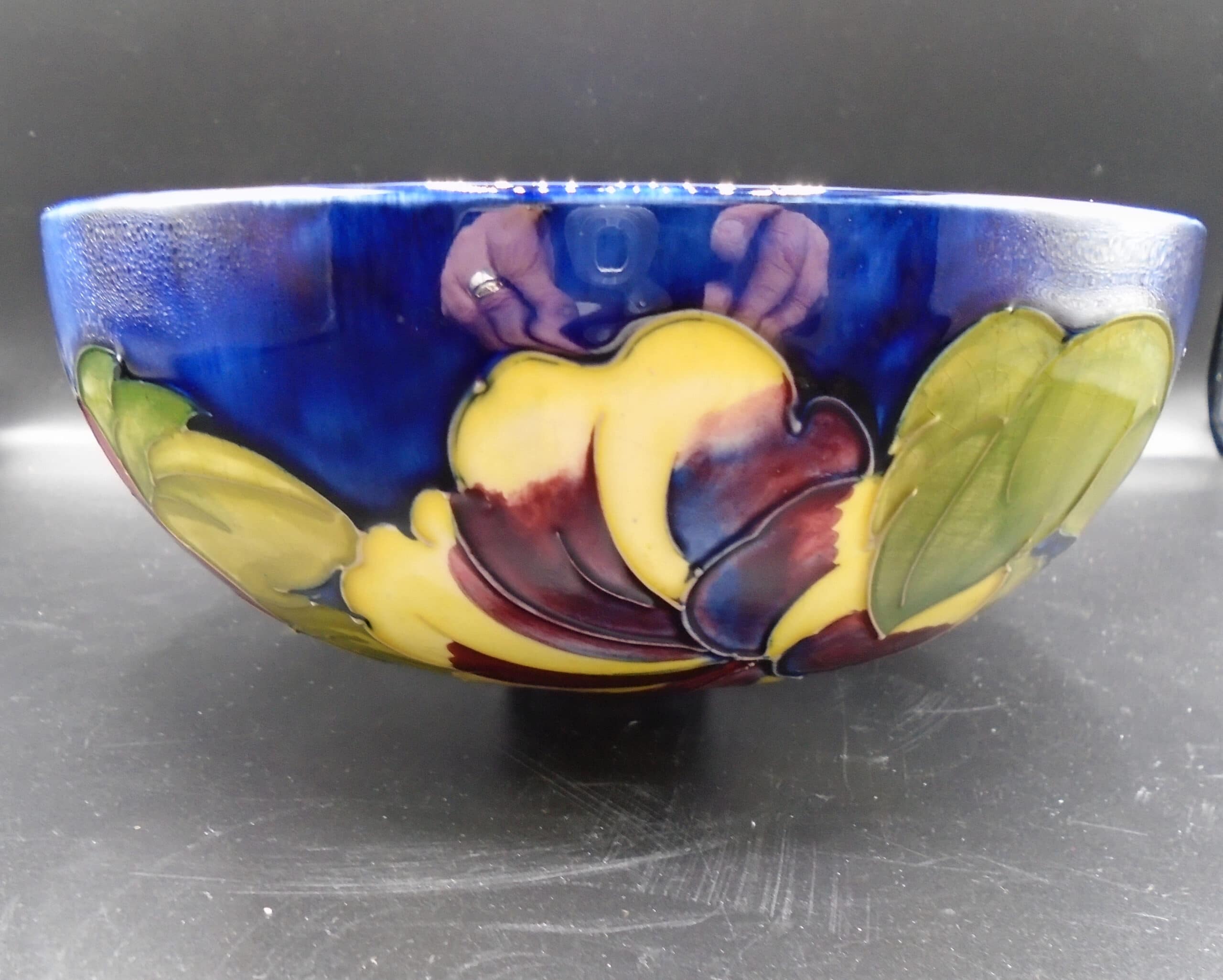 Large Deep Moorcroft Hibiscus Blue Bowl On Small Foot - Image 3