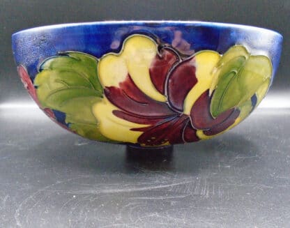 Large Deep Moorcroft Hibiscus Blue Vase Bowl On Small Foot