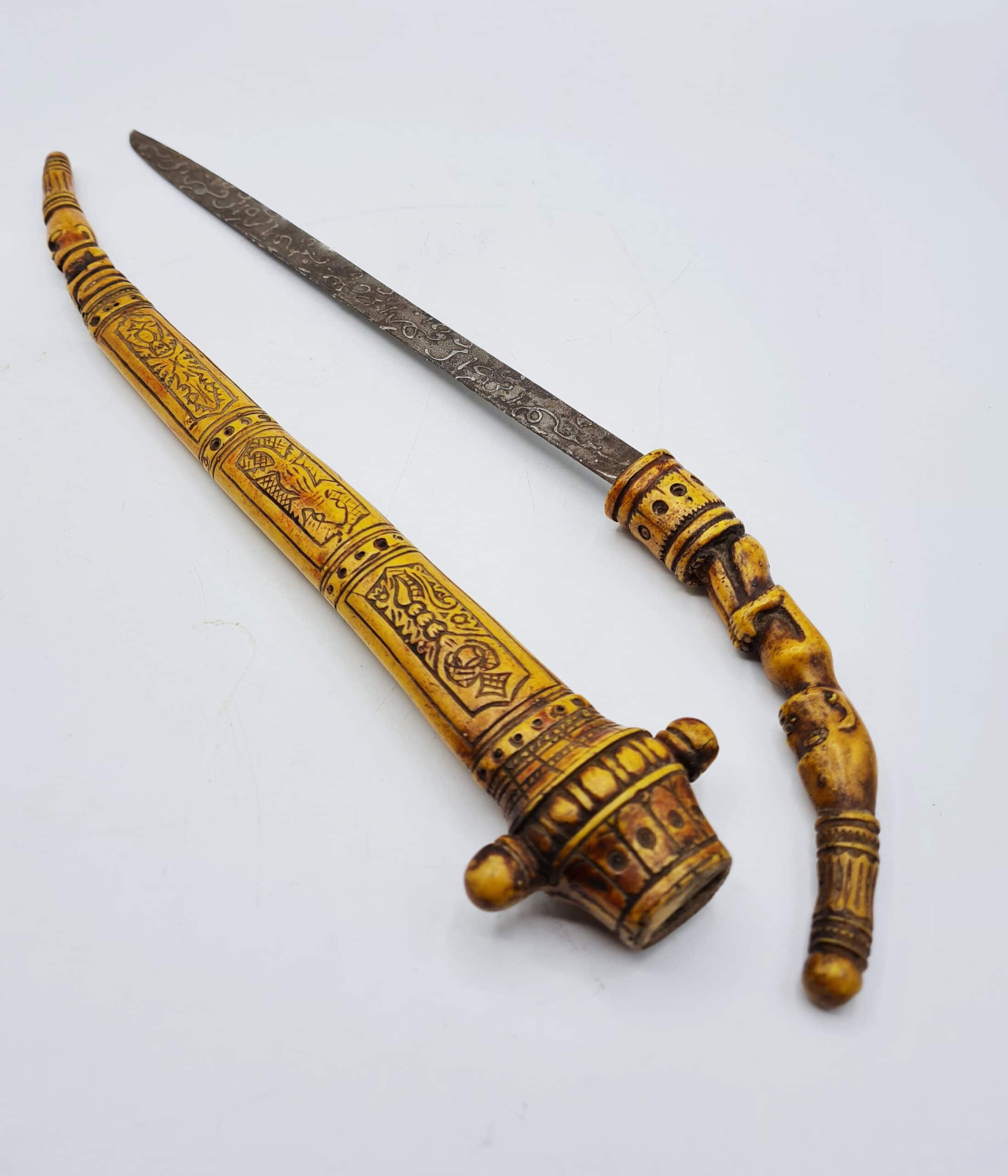 Antique Intricately Carved Bone Tribal Dagger - Image 7