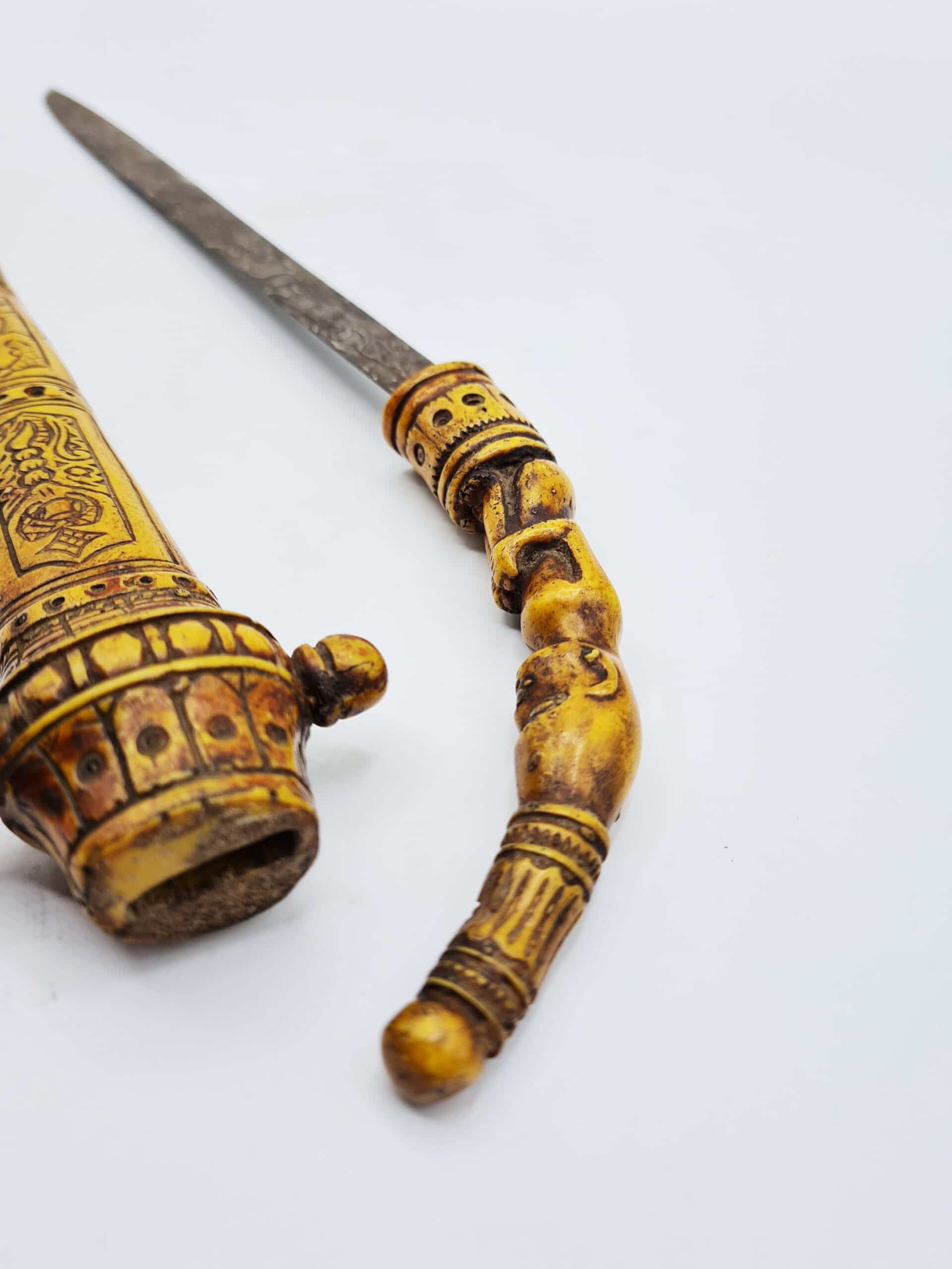 Antique Intricately Carved Bone Tribal Dagger - Image 8