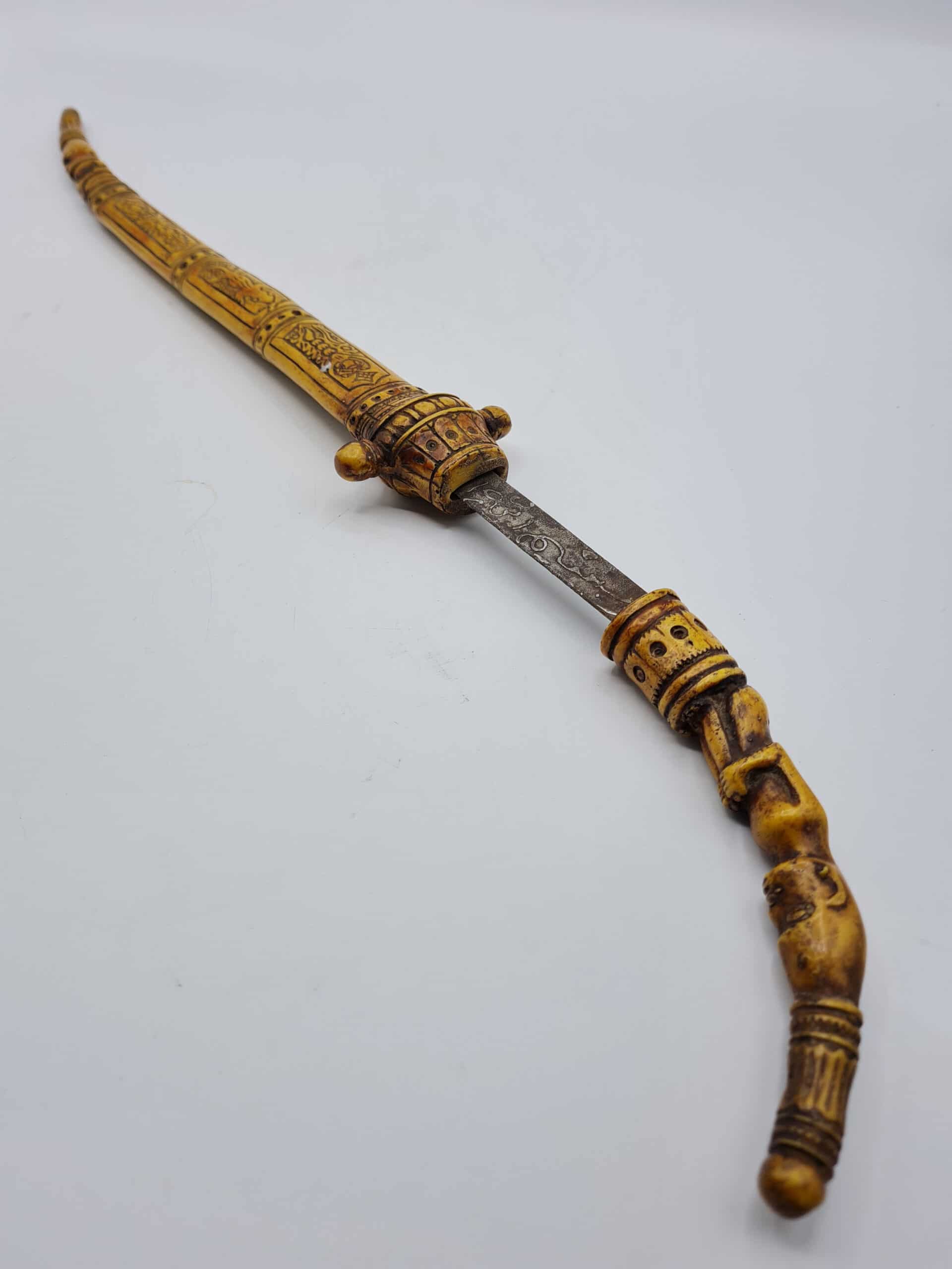 Antique Intricately Carved Bone Tribal Dagger - Image 5
