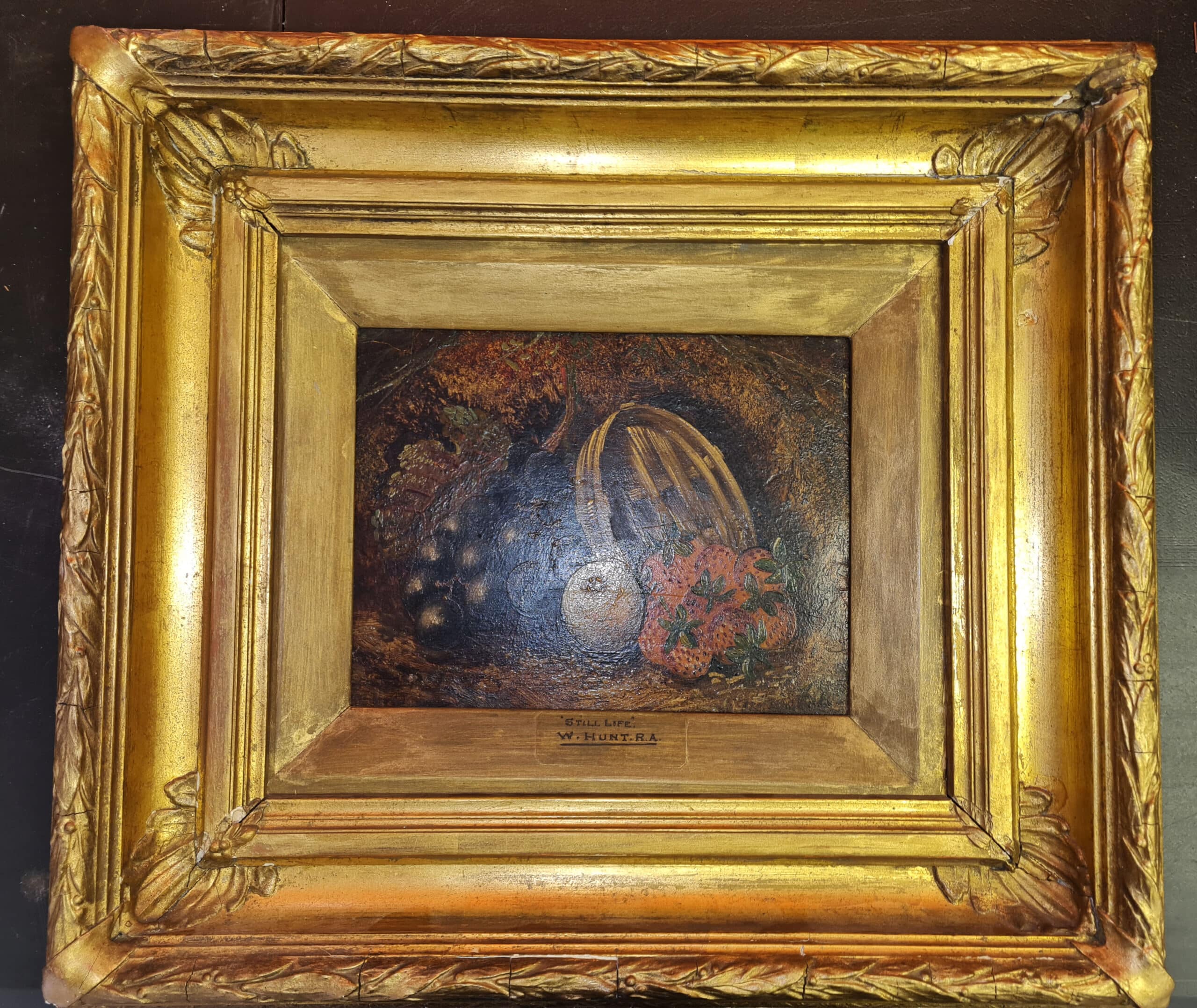 Old Still Life Fruit Oil Painting With Plaque W. Hunt R.A.